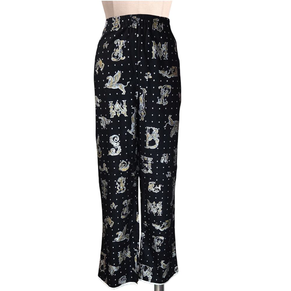 New Boho Art Deco Pegasus KUNTO 100% Silk Pants With Metallic Designs Letters  M